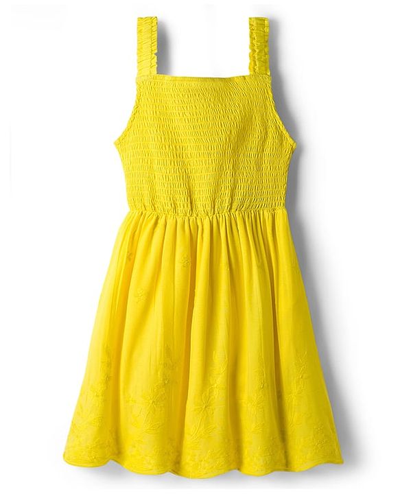 Pine Kids 100% Cotton Woven Sleeveless Frock With Floral Embroidery - Yellow