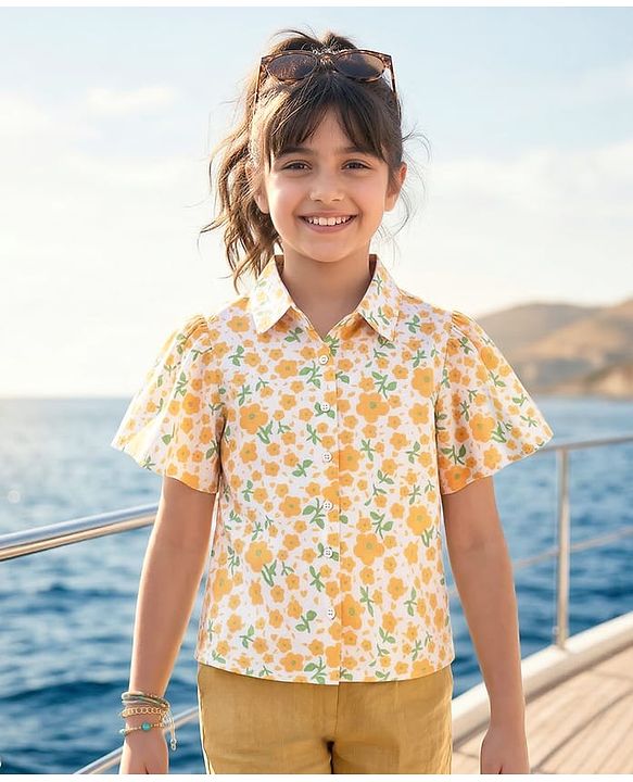Pine Kids Cotton Knit Half Sleeves Floral Printed Top - Multicolor