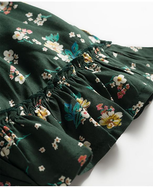 Babyhug Woven Full Peasant Sleeves Floral Printed Tiered Frock - Dark Green