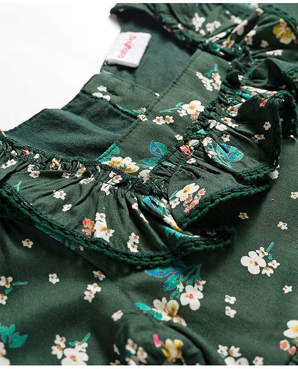Babyhug Woven Full Peasant Sleeves Floral Printed Tiered Frock - Dark Green