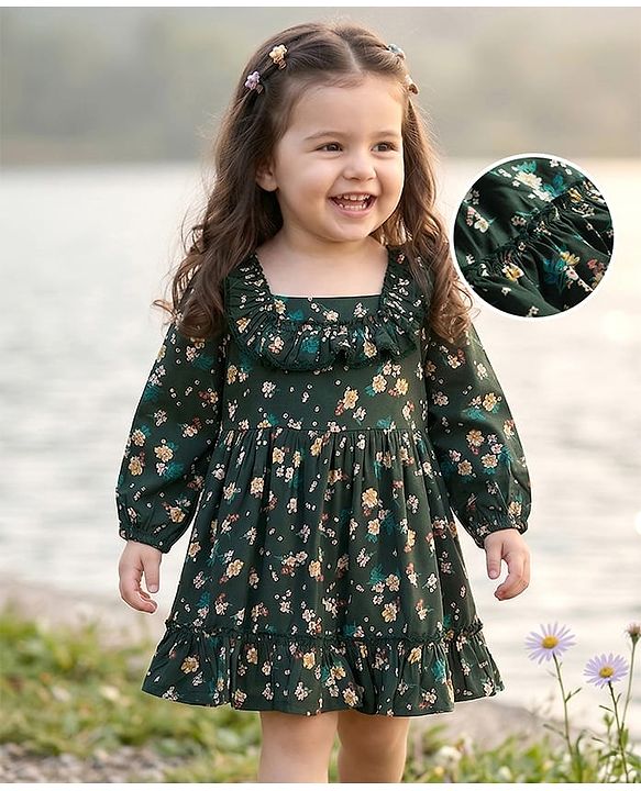 Babyhug Woven Full Peasant Sleeves Floral Printed Tiered Frock - Dark Green