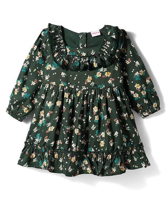 Babyhug Woven Full Peasant Sleeves Floral Printed Tiered Frock - Dark Green