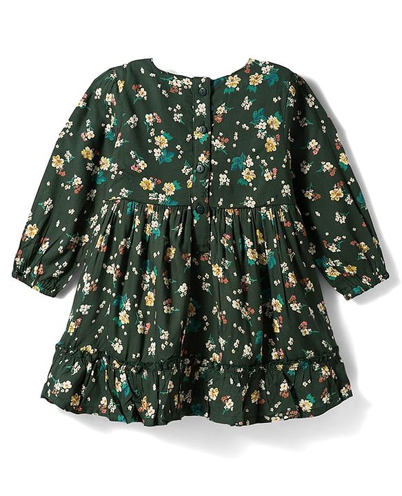 Babyhug Woven Full Peasant Sleeves Floral Printed Tiered Frock - Dark Green