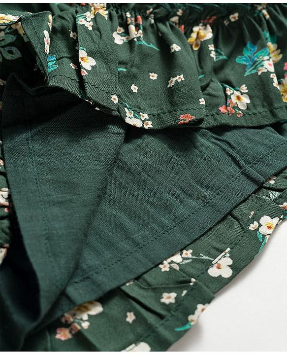 Babyhug Woven Full Peasant Sleeves Floral Printed Tiered Frock - Dark Green