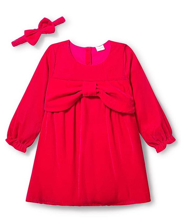 Babyhug Cotton Woven Full Sleeves Solid Color Frock with Headband & Bow Applique - Red