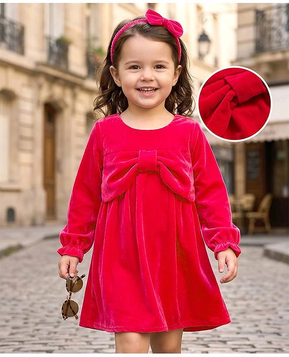 Babyhug Cotton Woven Full Sleeves Solid Color Frock with Headband & Bow Applique - Red