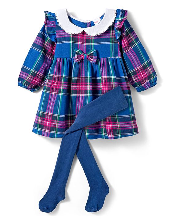 Babyhug Cotton Woven Full Sleeves Checks Frock With Bow Applique & Leggings - Blue