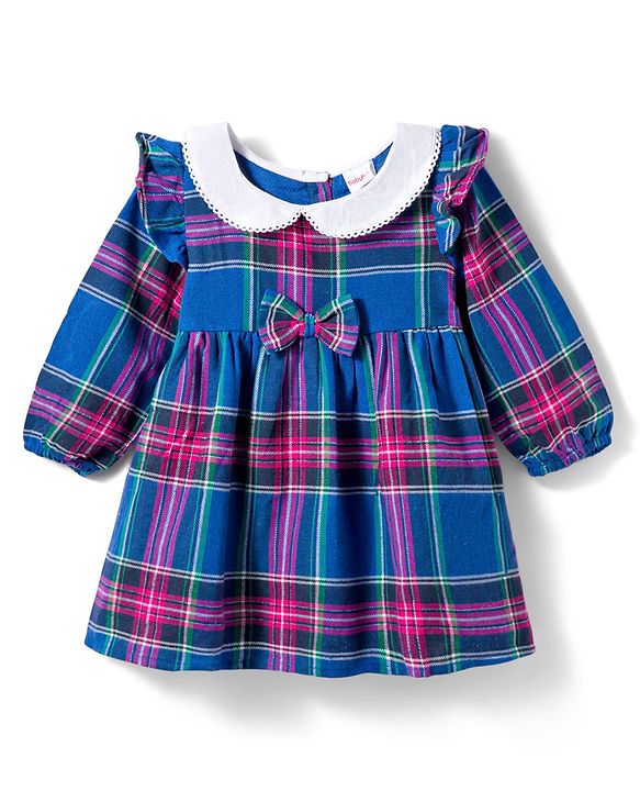 Babyhug Cotton Woven Full Sleeves Checks Frock With Bow Applique & Leggings - Blue