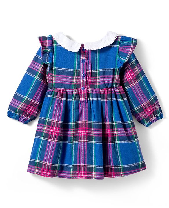 Babyhug Cotton Woven Full Sleeves Checks Frock With Bow Applique & Leggings - Blue