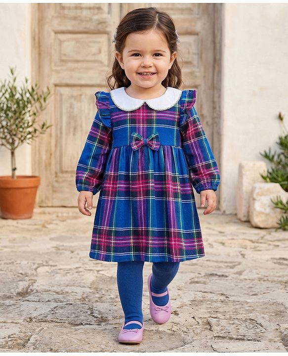 Babyhug Cotton Woven Full Sleeves Checks Frock With Bow Applique & Leggings - Blue