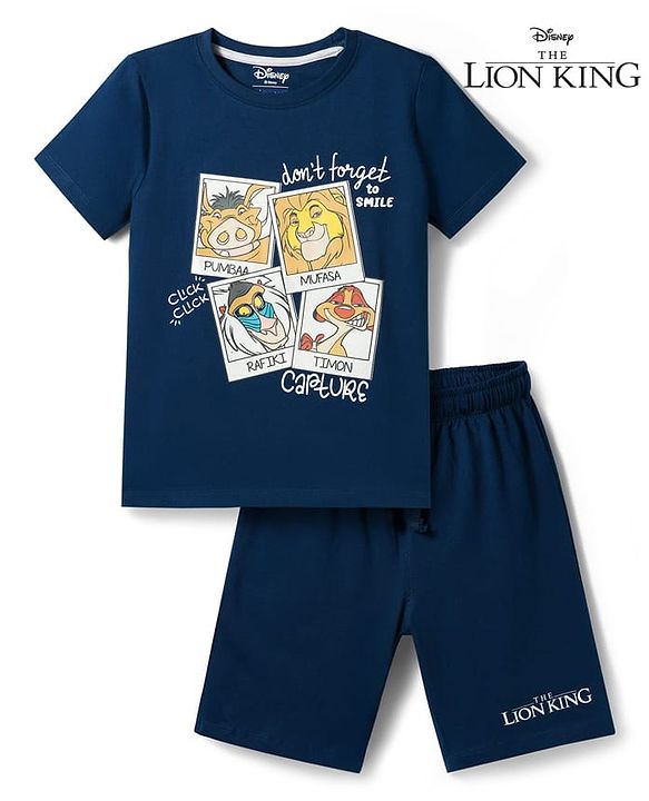 Pine Kids Disney Single Jersey Knit Half Sleeves T-Shirt & Shorts Night Suit with Simba & Friends Graphic - Navy Blue