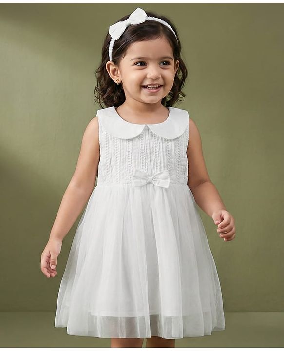 Babyhug 100% Cotton Woven Sleeveless Embroidered Frock With Headband - White