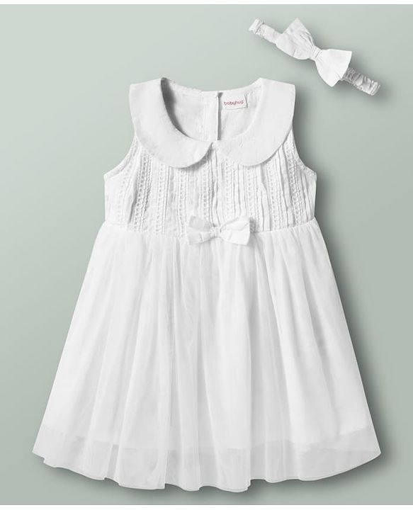 Babyhug 100% Cotton Woven Sleeveless Embroidered Frock With Headband - White