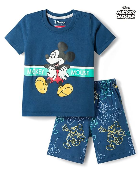 Babyhug Disney Single Jersey Knit Half Sleeves T-Shirt & Shorts Night Suit With Mickey Mouse Graphics - Navy Blue