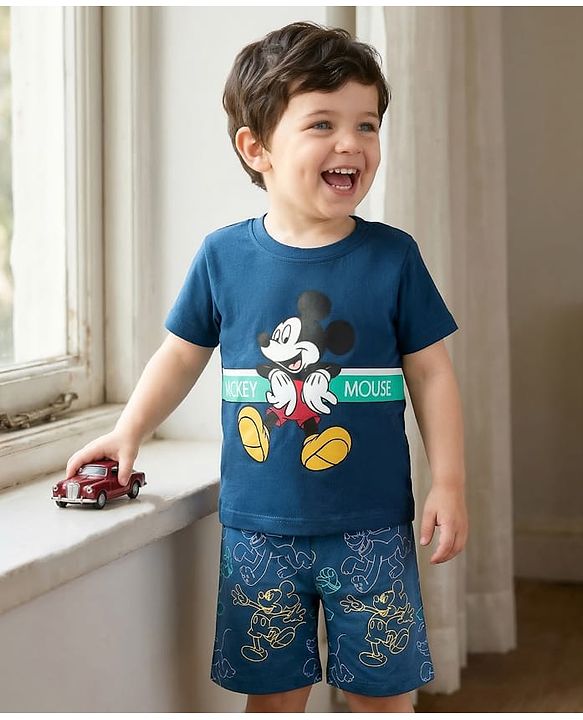 Babyhug Disney Single Jersey Knit Half Sleeves T-Shirt & Shorts Night Suit With Mickey Mouse Graphics - Navy Blue