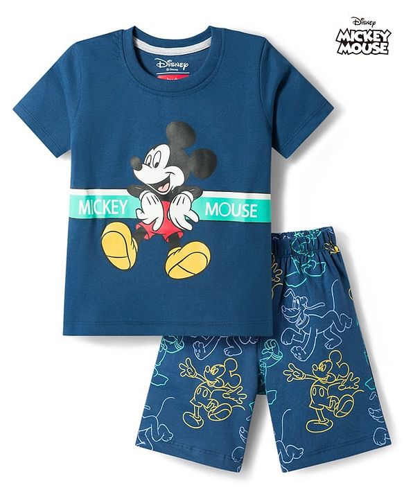 Babyhug Disney Single Jersey Knit Half Sleeves T-Shirt & Shorts Night Suit With Mickey Mouse Graphics - Navy Blue