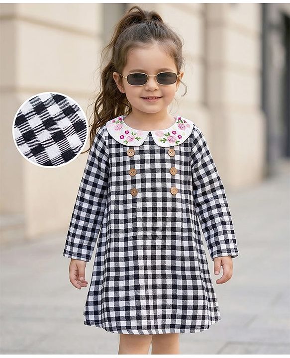 Babyhug Cotton Woven Full Sleeves Checked Frock With Floral Embroidery - Black
