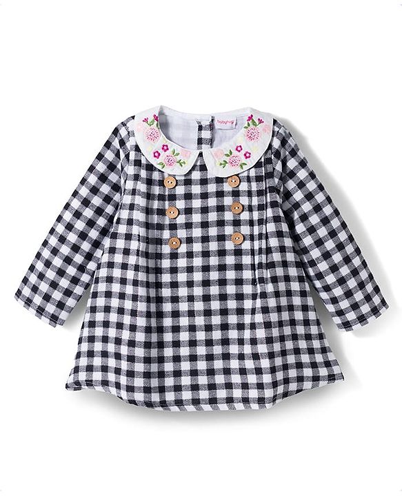 Babyhug Cotton Woven Full Sleeves Checked Frock With Floral Embroidery - Black