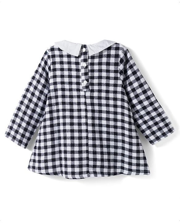 Babyhug Cotton Woven Full Sleeves Checked Frock With Floral Embroidery - Black