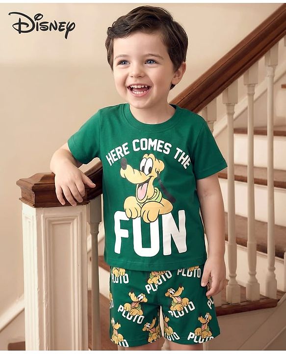 Babyhug Disney Single Jersey Knit Half Sleeves T-Shirt & Shorts Night Suit With Pluto Graphics - Green