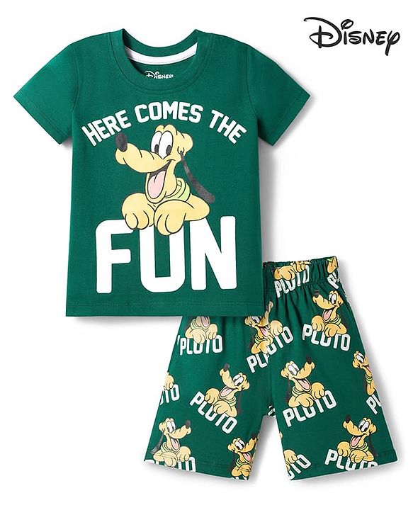 Babyhug Disney Single Jersey Knit Half Sleeves T-Shirt & Shorts Night Suit With Pluto Graphics - Green