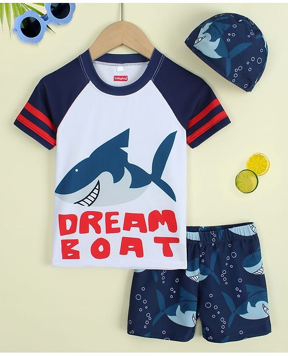 Babyhug Raglan Half Sleeves Shark Printed Two Piece Swimsuit With Cap - Navy Blue