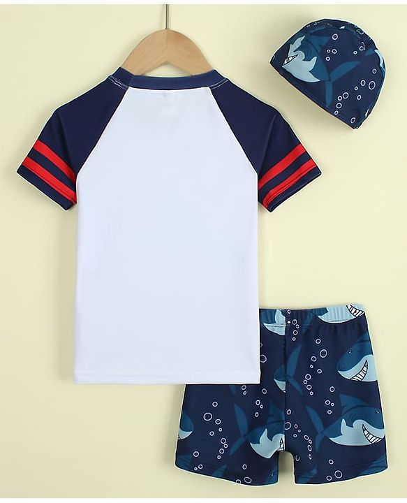 Babyhug Raglan Half Sleeves Shark Printed Two Piece Swimsuit With Cap - Navy Blue