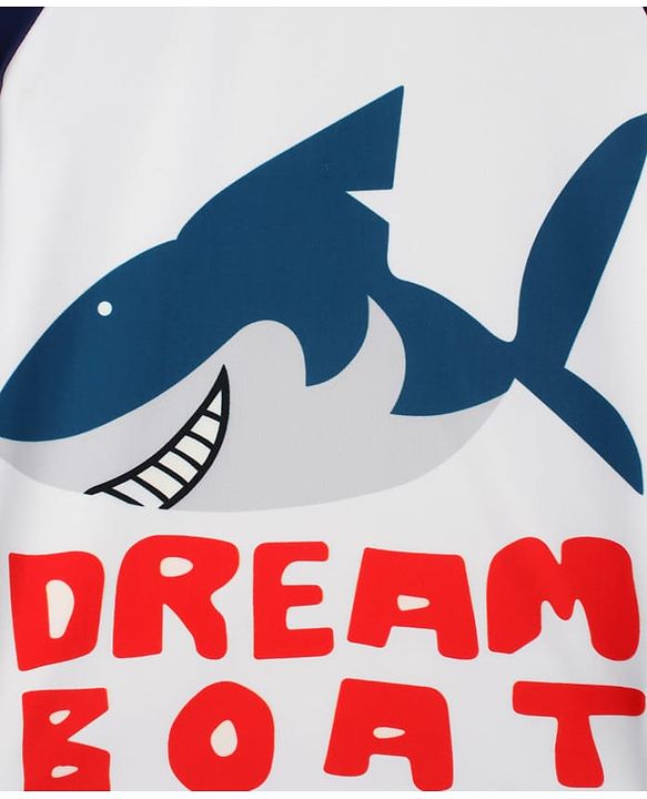 Babyhug Raglan Half Sleeves Shark Printed Two Piece Swimsuit With Cap - Navy Blue