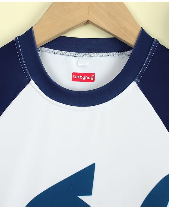 Babyhug Raglan Half Sleeves Shark Printed Two Piece Swimsuit With Cap - Navy Blue