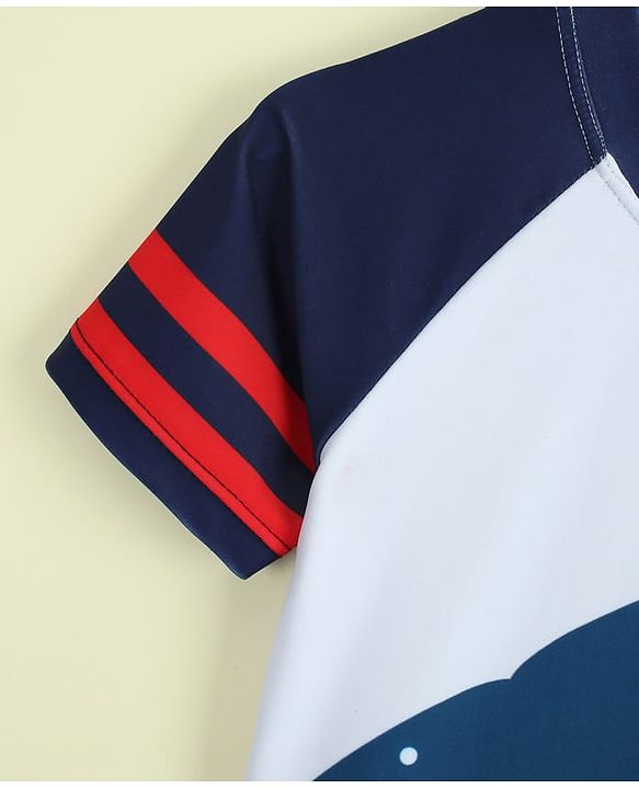 Babyhug Raglan Half Sleeves Shark Printed Two Piece Swimsuit With Cap - Navy Blue