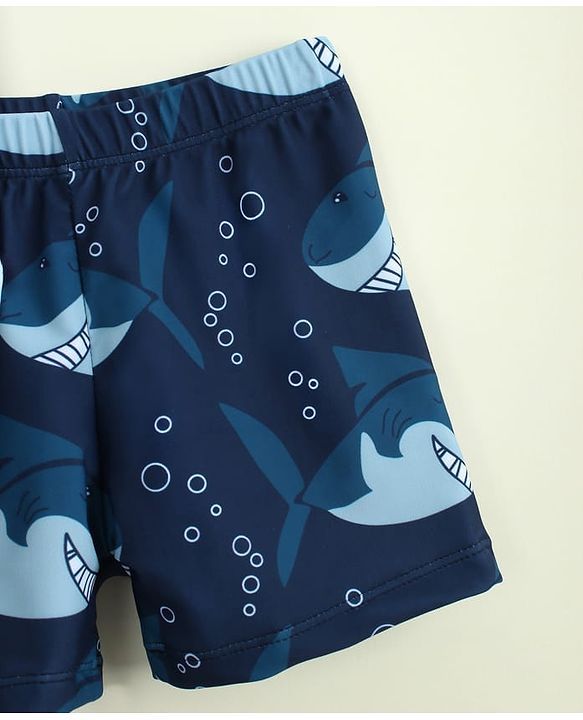 Babyhug Raglan Half Sleeves Shark Printed Two Piece Swimsuit With Cap - Navy Blue