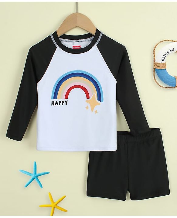 Babyhug Raglan Full Sleeves Rainbow Printed Two Piece Swimsuit - Black