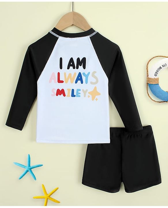 Babyhug Raglan Full Sleeves Rainbow Printed Two Piece Swimsuit - Black