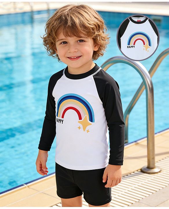 Babyhug Raglan Full Sleeves Rainbow Printed Two Piece Swimsuit - Black