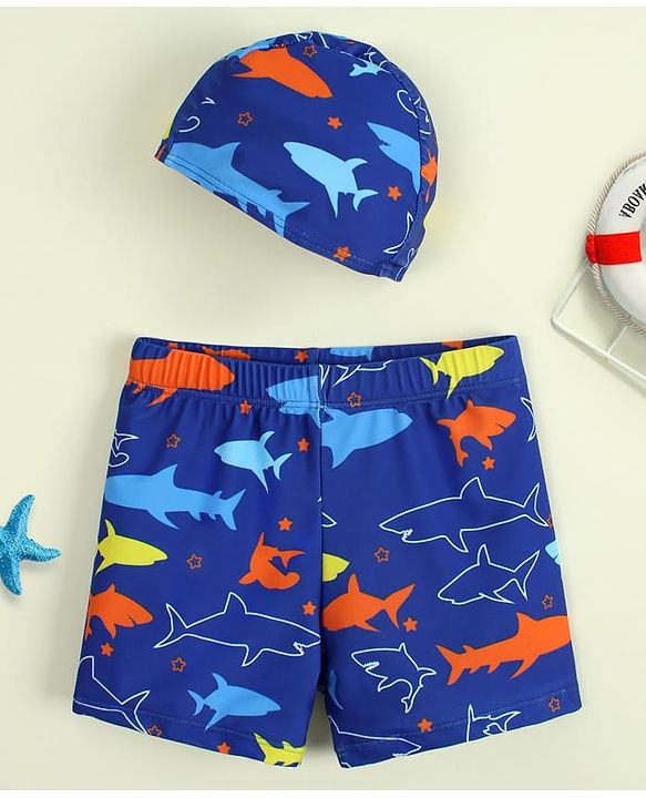 Babyhug Sea Life Printed Swimming Trunk With Cap - Navy Blue
