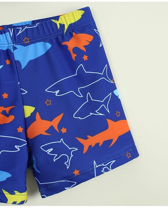 Babyhug Sea Life Printed Swimming Trunk With Cap - Navy Blue