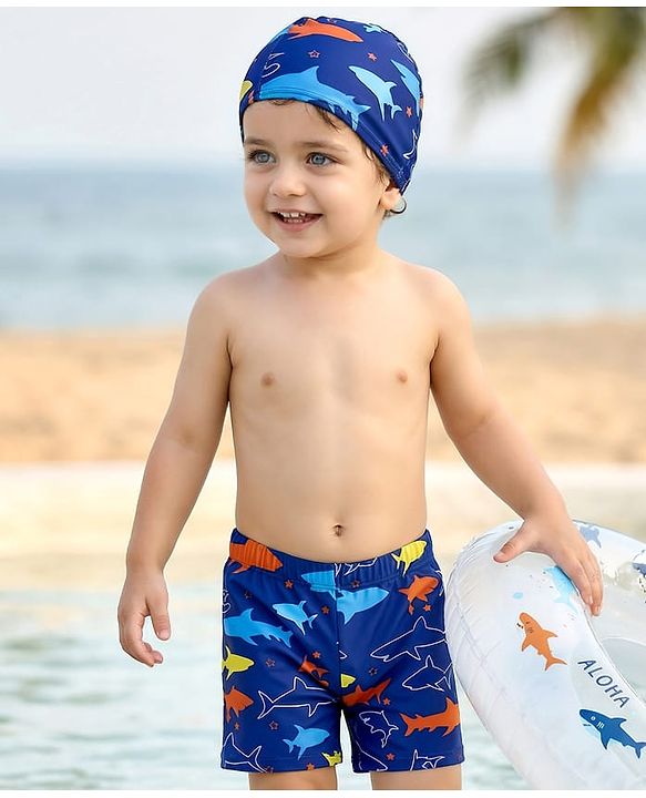 Babyhug Sea Life Printed Swimming Trunk With Cap - Navy Blue