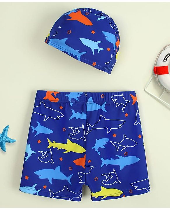 Babyhug Sea Life Printed Swimming Trunk With Cap - Navy Blue