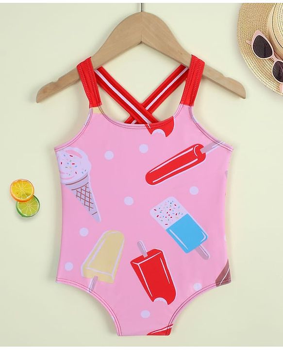 Babyhug Sleeveless Ice Cream Printed V Cut Swimsuit - Pink