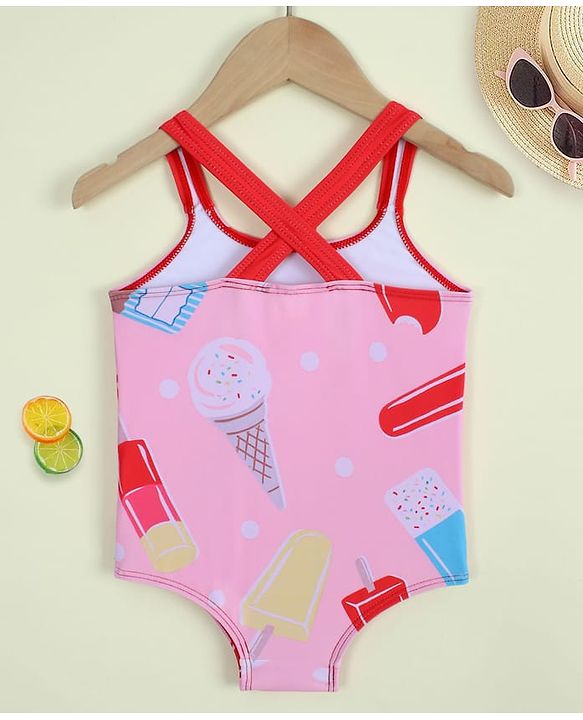 Babyhug Sleeveless Ice Cream Printed V Cut Swimsuit - Pink