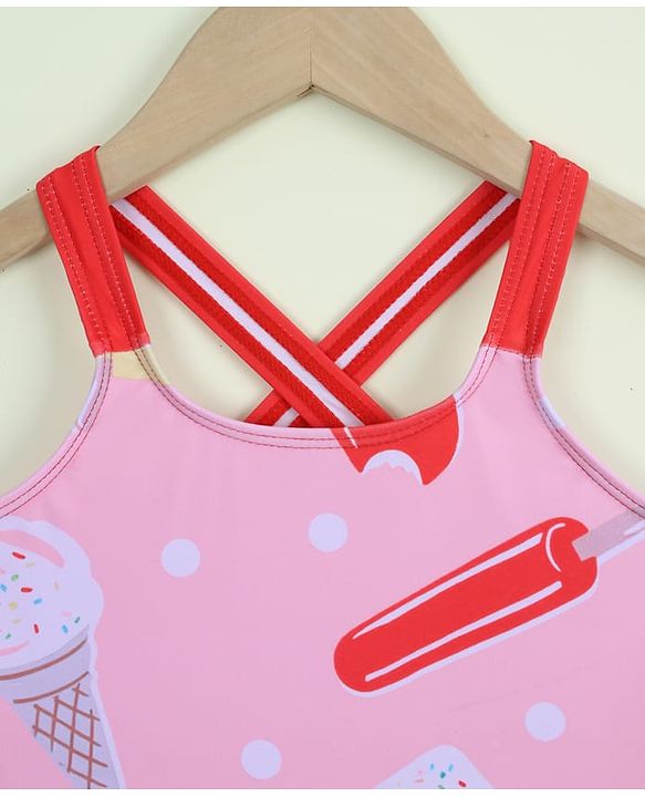 Babyhug Sleeveless Ice Cream Printed V Cut Swimsuit - Pink