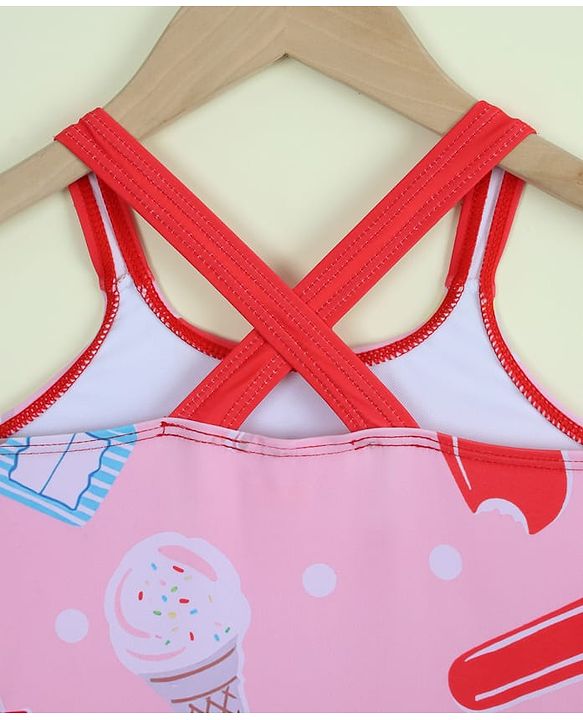 Babyhug Sleeveless Ice Cream Printed V Cut Swimsuit - Pink