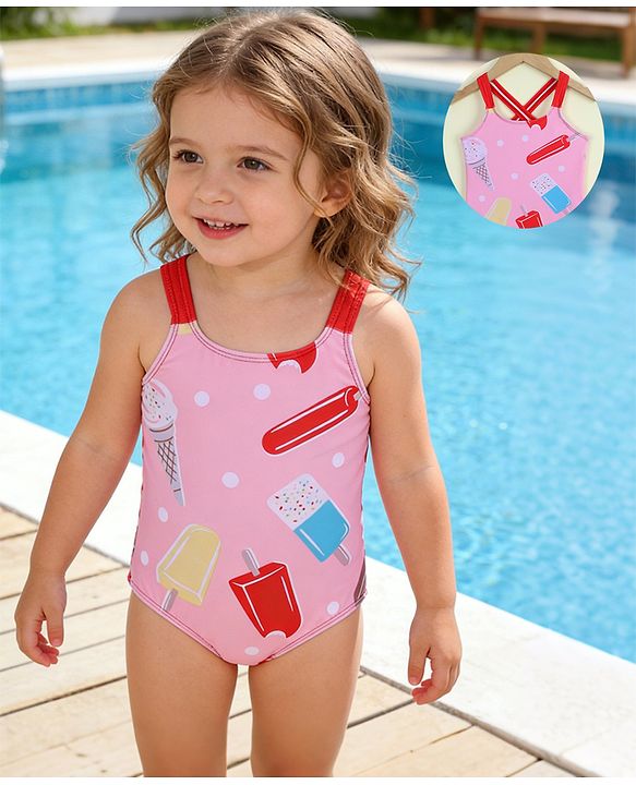 Babyhug Sleeveless Ice Cream Printed V Cut Swimsuit - Pink