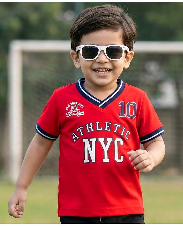 Babyhug Cotton Knit Half Sleeves Oversized Collared T-Shirt with NYC Print - Red