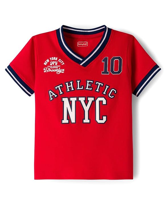 Babyhug Cotton Knit Half Sleeves Oversized Collared T-Shirt with NYC Print - Red