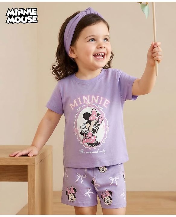 Babyhug Disney Single Jersey Knit Half Sleeves T-Shirt & Shorts Night Suit With Minnie Mouse Graphics - Lavender