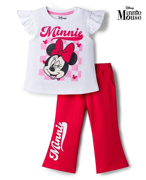 Babyhug Disney Single Jersey Knit Half Frill Sleeves T-Shirt & Pant Set with Minnie Mouse Graphic - Red & White