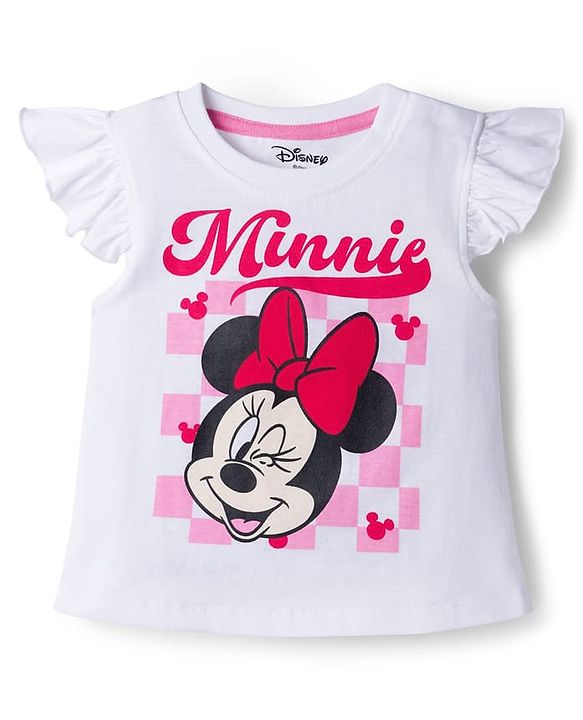 Babyhug Disney Single Jersey Knit Half Frill Sleeves T-Shirt & Pant Set with Minnie Mouse Graphic - Red & White