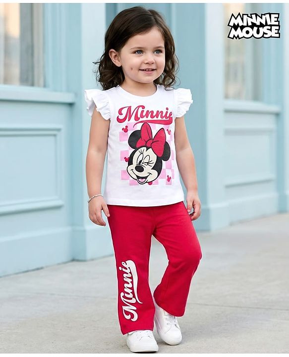 Babyhug Disney Single Jersey Knit Half Frill Sleeves T-Shirt & Pant Set with Minnie Mouse Graphic - Red & White