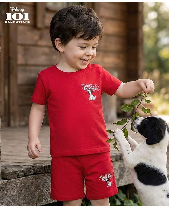 Babyhug Disney Single Jersey Knit Half Sleeves T-Shirt & Shorts Co-ord Night Suit With 101 Dalmatians Graphics - Red